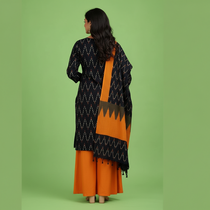 Orange and Black and White Wave Kurti Set