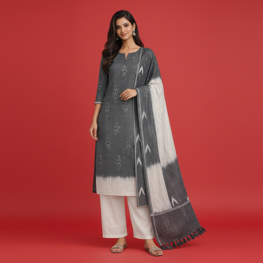 Woman wearing a gray and white traditional outfit with a matching dupatta on a light gray background