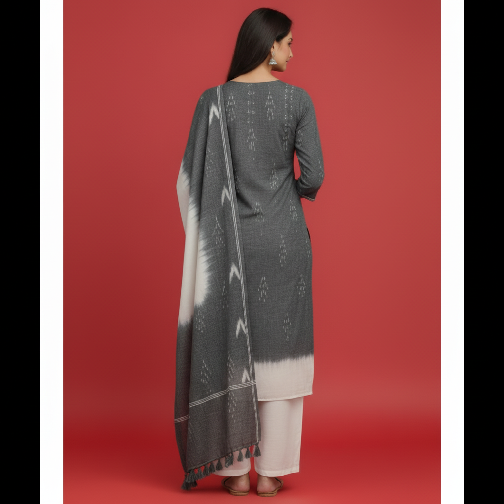 Woman wearing a traditional outfit with a gray and white dupatta on a red background