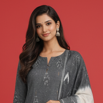 Woman wearing a traditional outfit with a gray and white dupatta on a red background