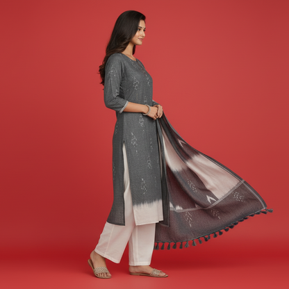 Pochampally Ikkat Grey & White Wave Kurti Set