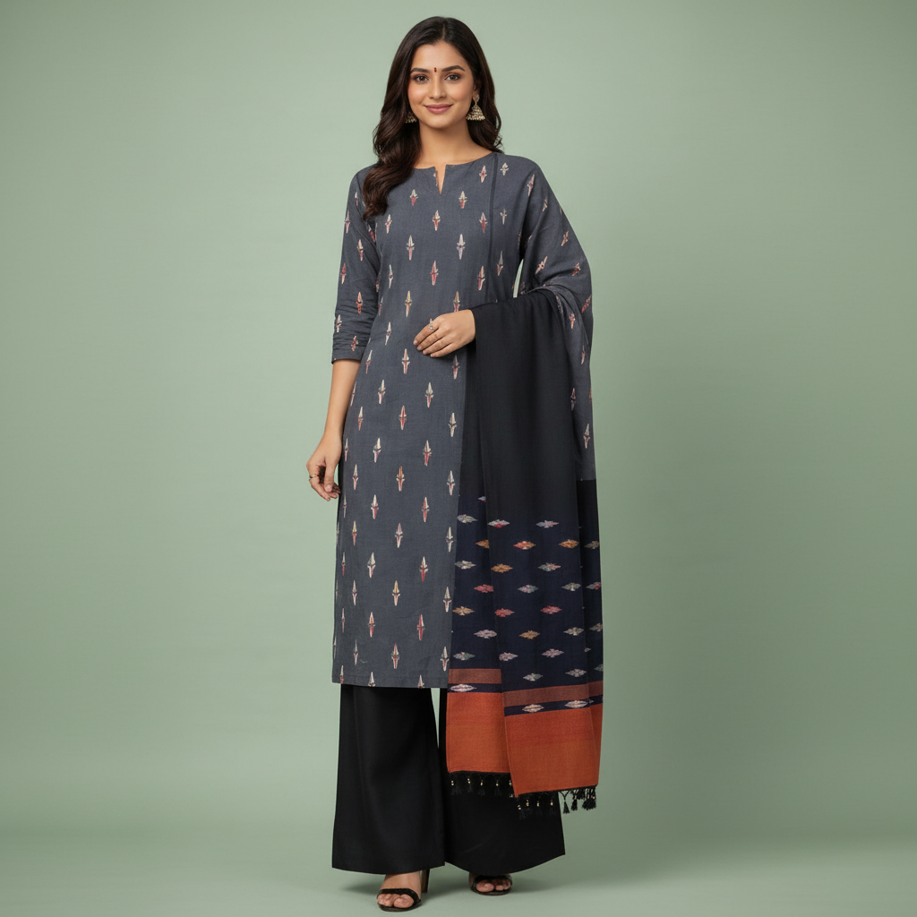 Woman wearing a traditional outfit with a gray kurta, black pants, and a matching dupatta on a gray background