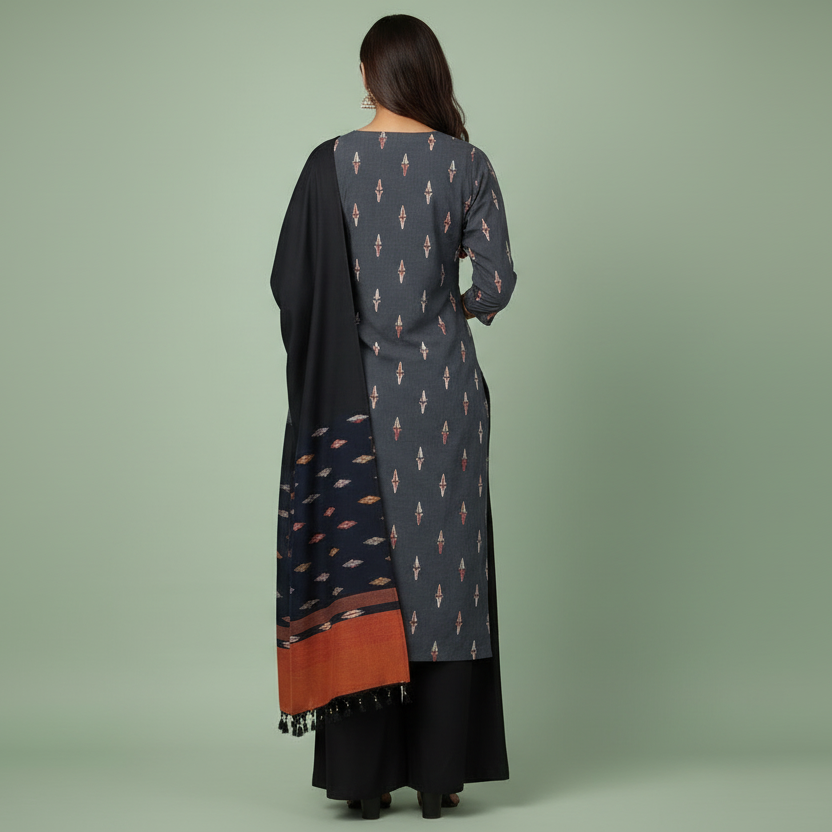 Woman wearing a traditional outfit with a patterned shirt, black dupatta, and wide-leg pants on a green background