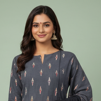 Woman wearing a traditional outfit with a patterned shirt, black dupatta, and wide-leg pants on a green background