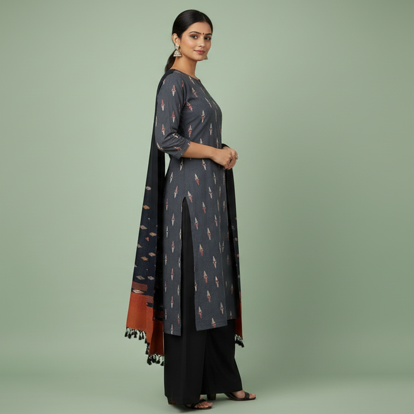 Woman wearing a traditional outfit with a patterned shirt, black dupatta, and wide-leg pants on a green background