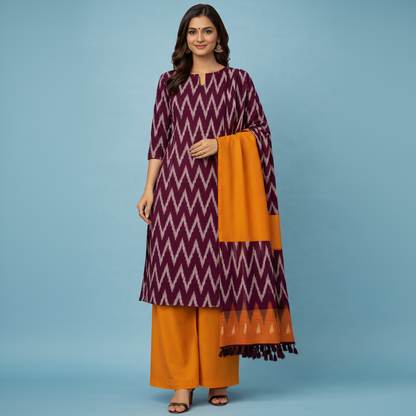 Woman wearing a purple and orange traditional outfit with a matching shawl on a gray background