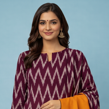Woman wearing a purple and orange traditional outfit with a matching shawl on a blue background