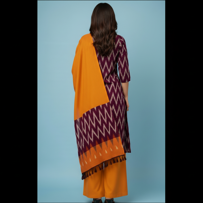 Woman wearing a purple and orange traditional outfit with a matching shawl on a blue background