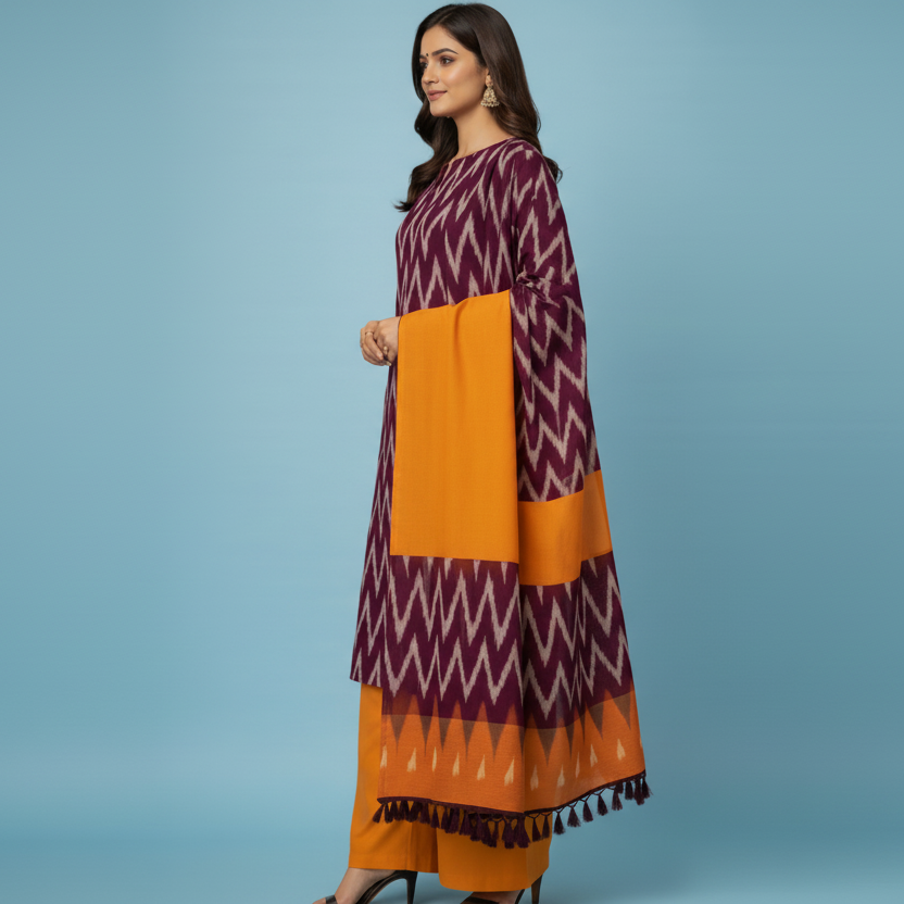Woman wearing a purple and orange traditional outfit with a matching shawl on a blue background