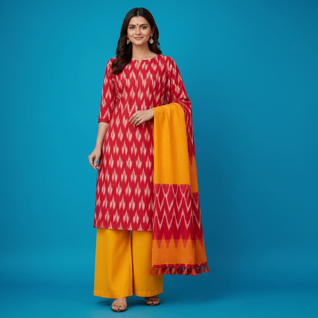 Woman wearing a red and yellow traditional outfit on a gray background