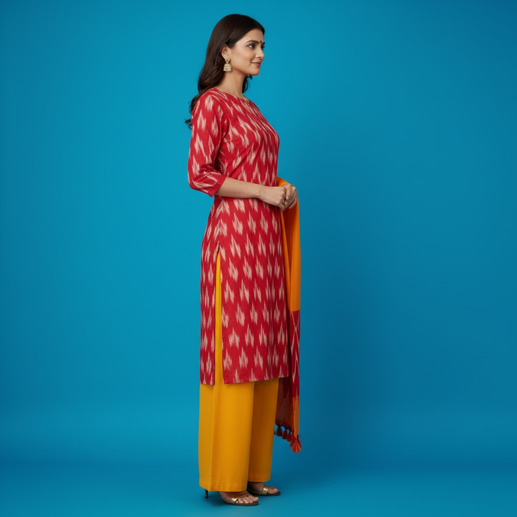 Woman wearing a red and yellow traditional outfit with a blue background