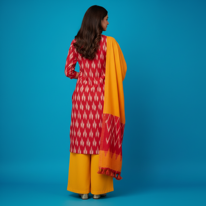 Woman wearing a red and yellow traditional outfit with a blue background