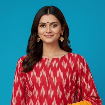Woman wearing a red and yellow traditional outfit with a blue background