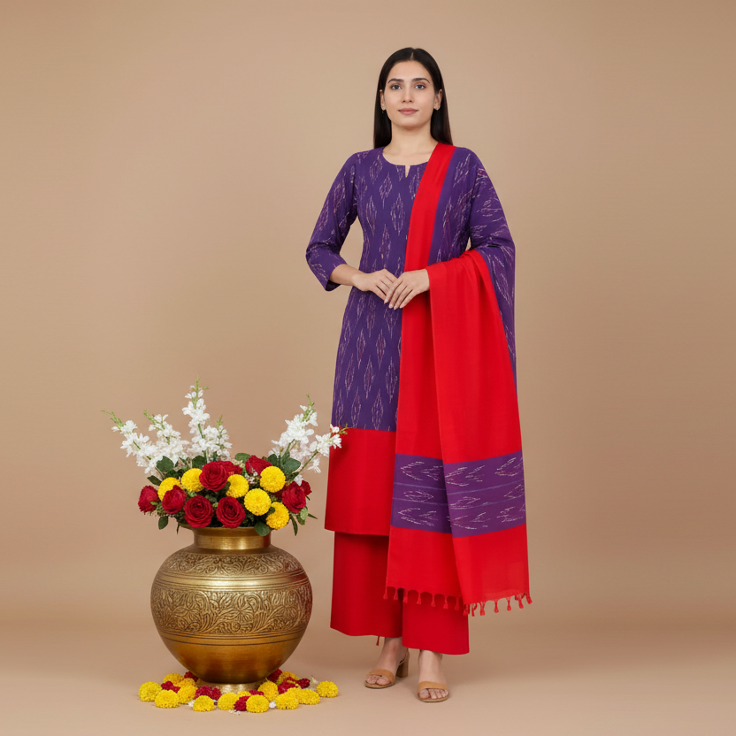 Woman wearing a purple and red traditional outfit with a matching scarf on a gray background