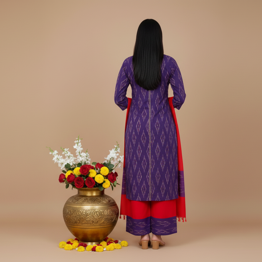 Woman in a purple and red traditional outfit with a vase of flowers on a beige background