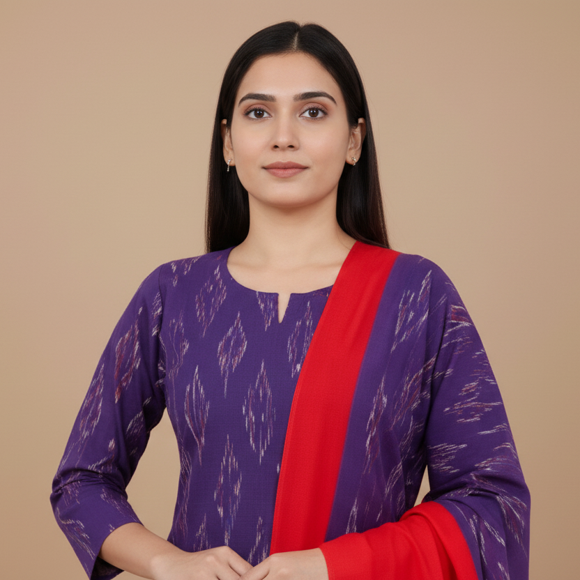 Woman in a purple and red traditional outfit with a vase of flowers on a beige background