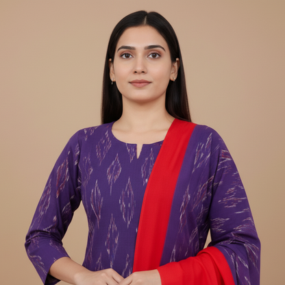 Woman in a purple and red traditional outfit with a vase of flowers on a beige background