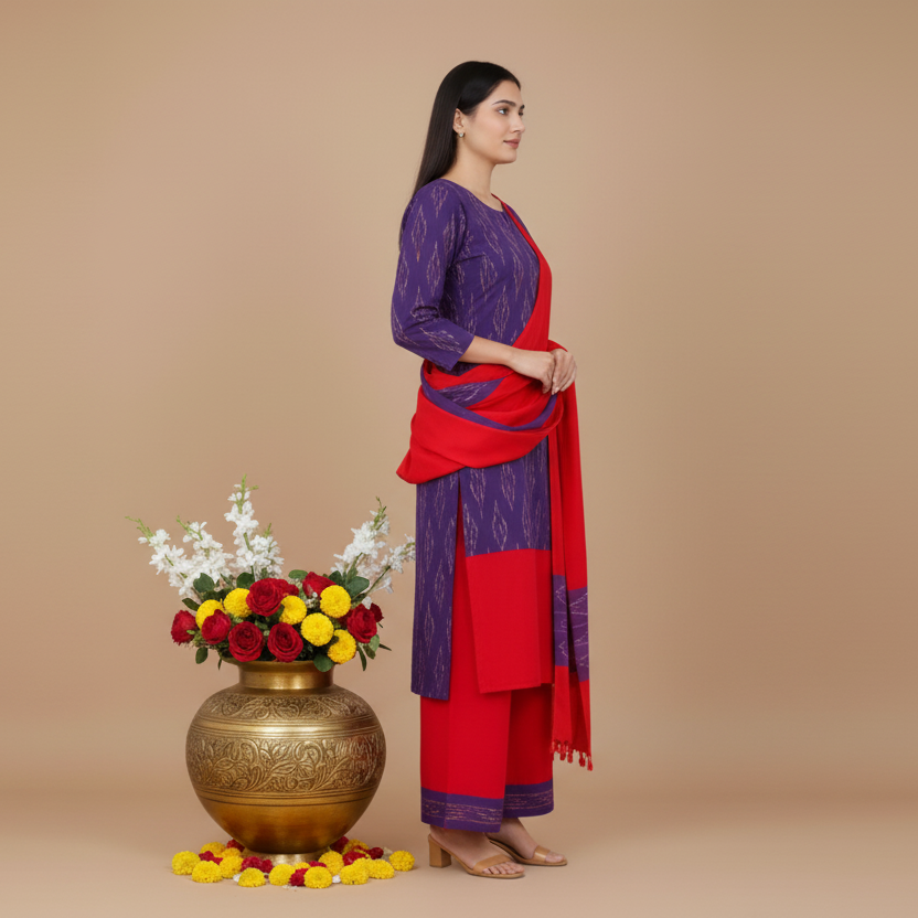 Woman in a purple and red traditional outfit with a vase of flowers on a beige background
