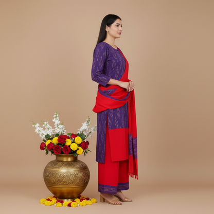 Woman in a purple and red traditional outfit with a vase of flowers on a beige background