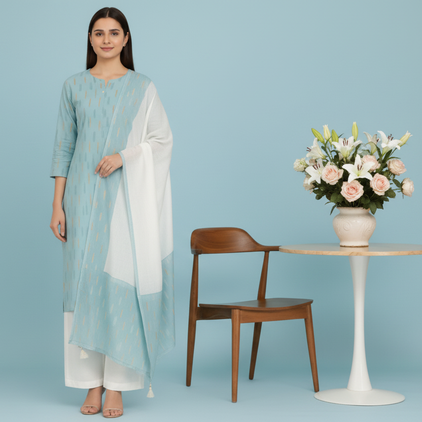 Woman wearing a light blue kurta with white pants on a gray background