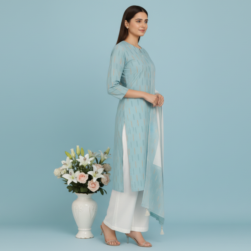 Woman in a light blue and white traditional outfit standing next to a wooden chair and table with a floral arrangement on a blue background.