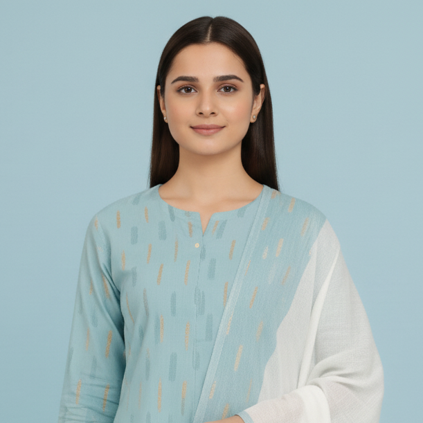 Woman in a light blue and white traditional outfit standing next to a wooden chair and table with a floral arrangement on a blue background.