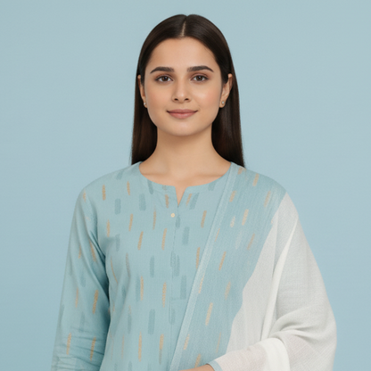 Woman in a light blue and white traditional outfit standing next to a wooden chair and table with a floral arrangement on a blue background.