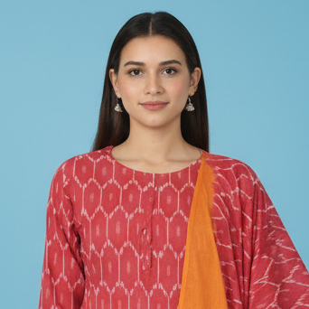 Woman wearing a red and orange traditional outfit with a matching dupatta on a blue background