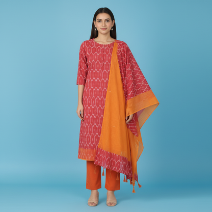 Woman wearing a red and orange traditional outfit with a plain background