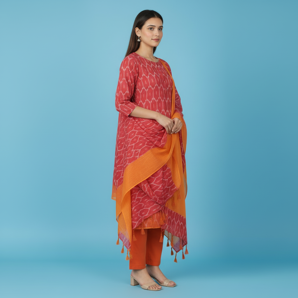 Woman wearing a red and orange traditional outfit with a matching dupatta on a blue background