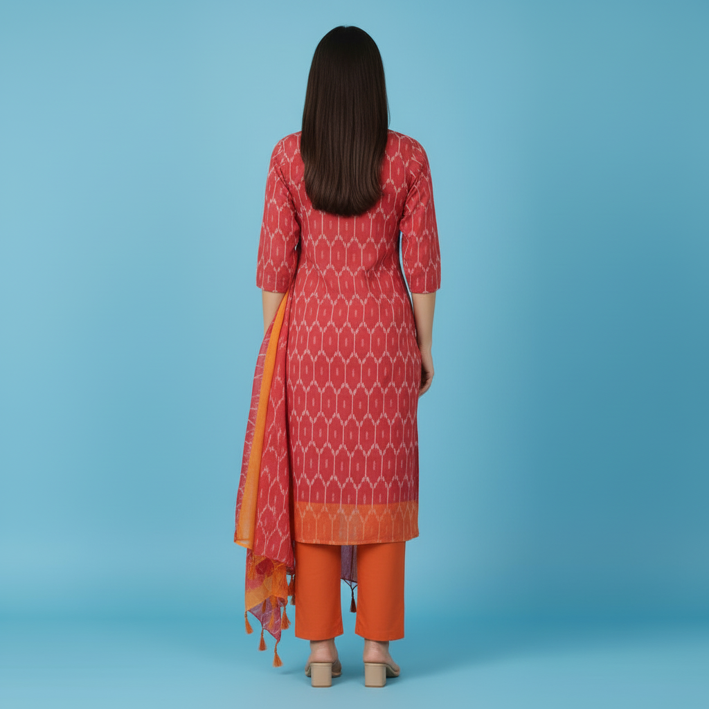 Woman wearing a red and orange traditional outfit with a matching dupatta on a blue background