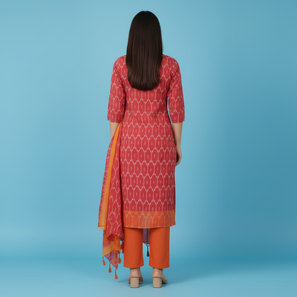 Woman wearing a red and orange traditional outfit with a matching dupatta on a blue background