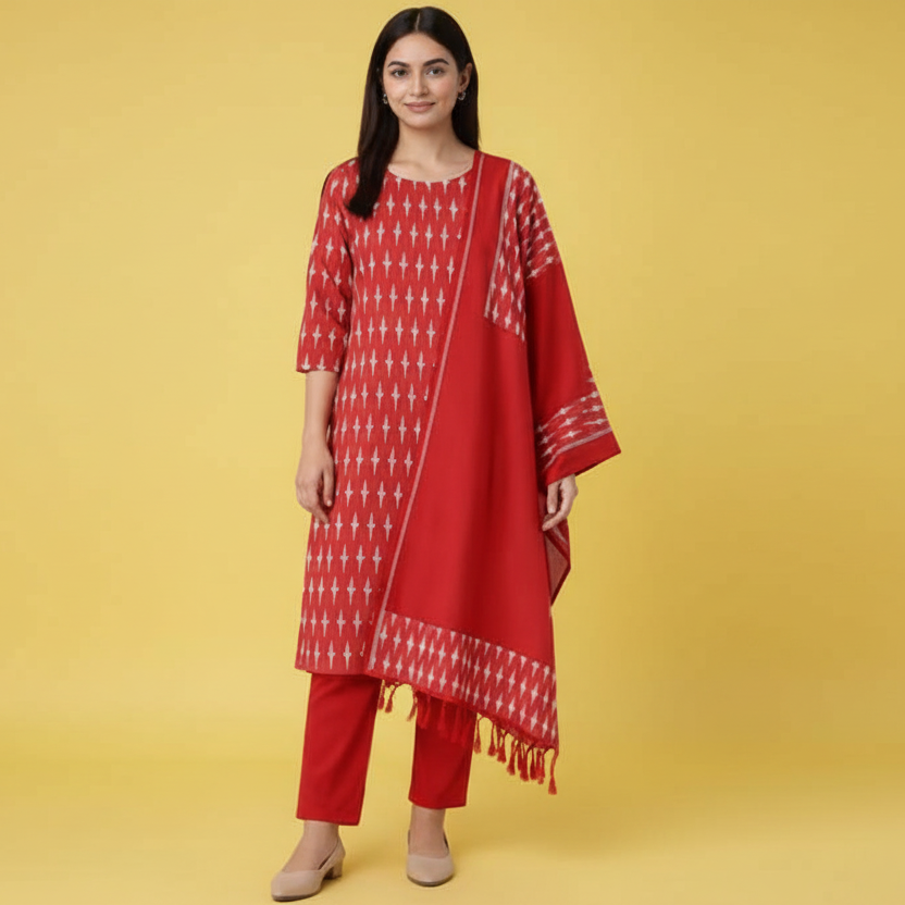 Woman wearing a red traditional outfit with a matching dupatta on a gray background