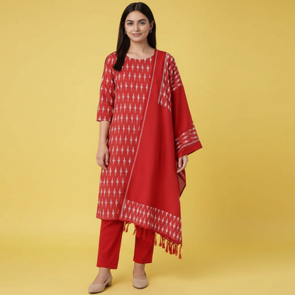 Woman wearing a red traditional outfit with a matching dupatta on a gray background