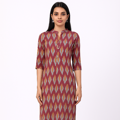 Pochampally Ikkat Kurti with Red and Brown and White Waves