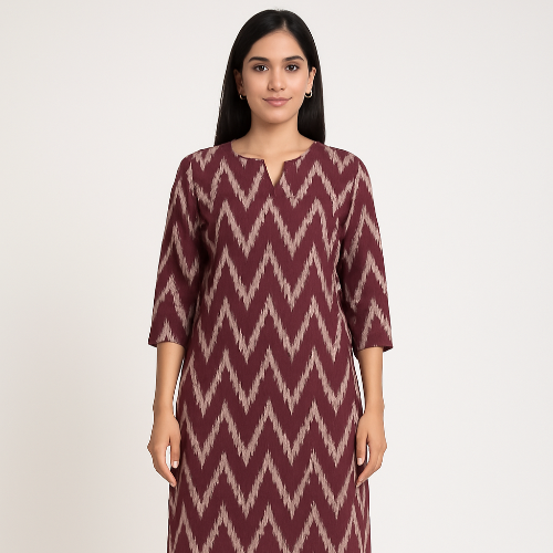 Pochampally Ikkat - Maroon and White Wave Kurti