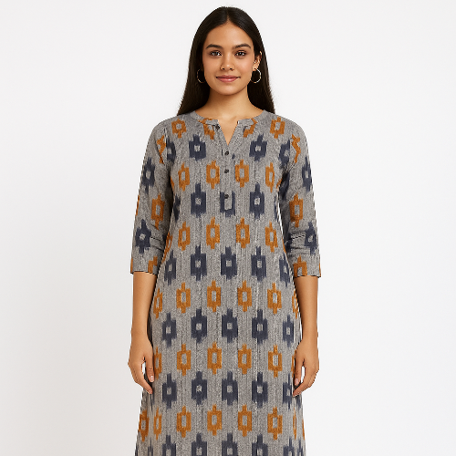 Pochampally Ikkat - Gray and Blue and Brown Wave Kurti