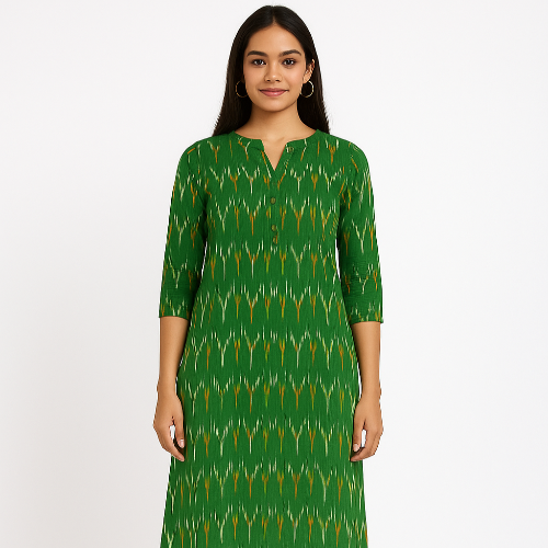 Pochampally Ikkat Green and White and Brown Wave Kurti