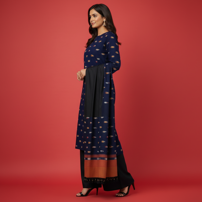 Pochampally Ikkat Blue & Black & White & Orange Wave Kurti Set