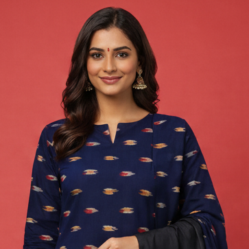 Woman wearing a navy blue kurta with black pants and a matching shawl on a red background