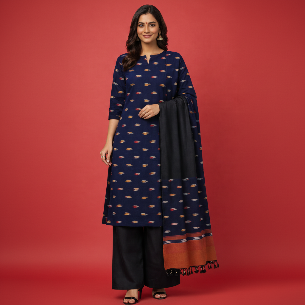 Pochampally Ikkat Blue & Black & White & Orange Wave Kurti Set