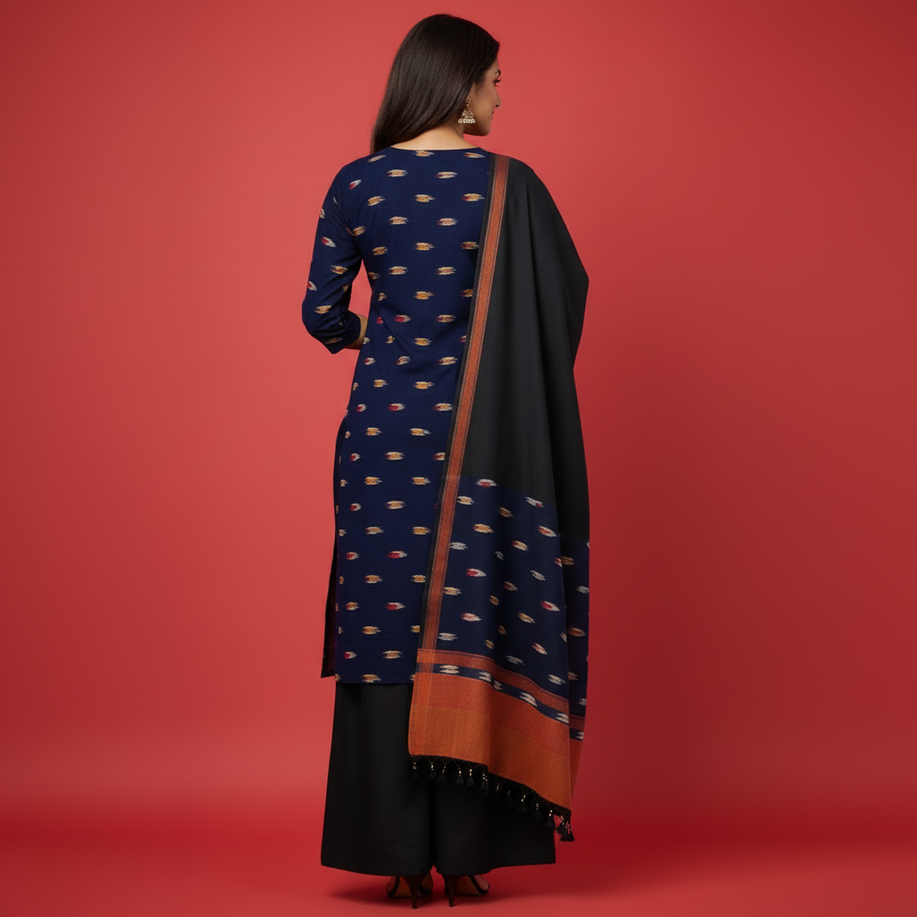 Woman wearing a navy blue kurta with a pattern, holding a black dupatta against a red background