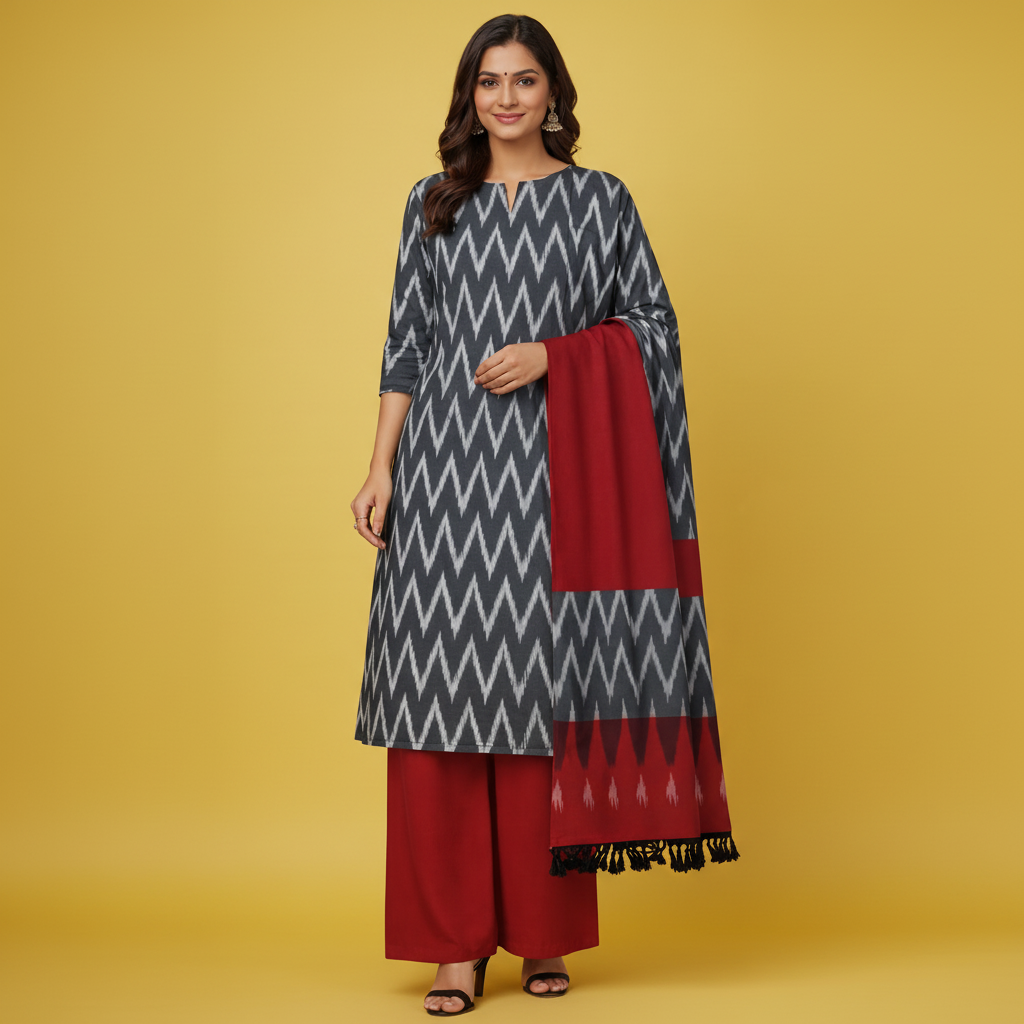 Woman wearing a gray and red patterned kurta with red pants on a gray background