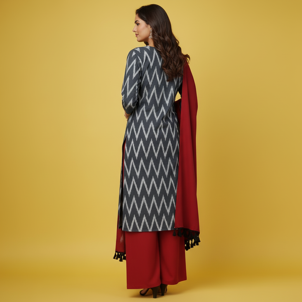 Pochampally Ikkat Grey & White & Red & Black Wave Kurti Set