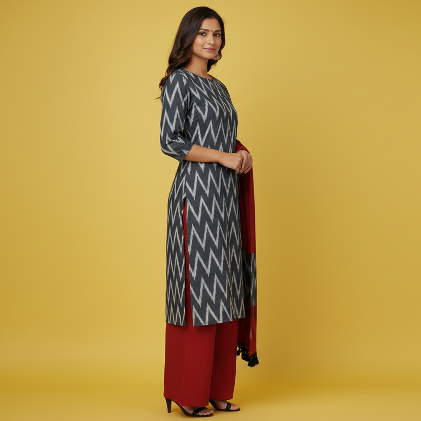 Woman wearing a gray and red patterned kurta with a red scarf on a yellow background