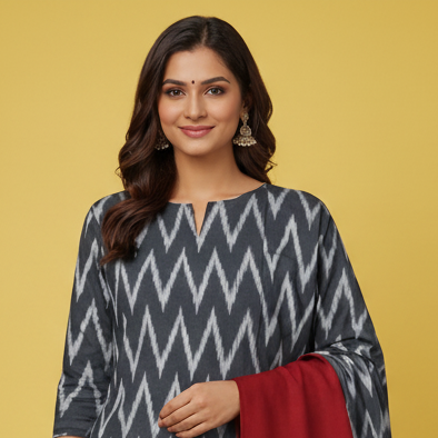 Woman wearing a gray and red patterned kurta with a red scarf on a yellow background
