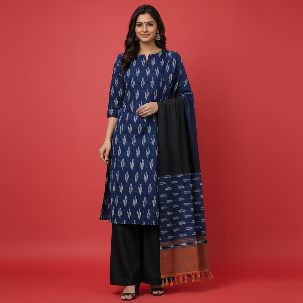 Woman wearing a blue and black traditional outfit with a scarf on a gray background