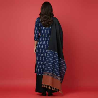 Woman wearing a blue and black traditional outfit with a red background