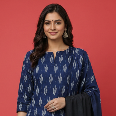 Woman wearing a blue and black traditional outfit with a red background