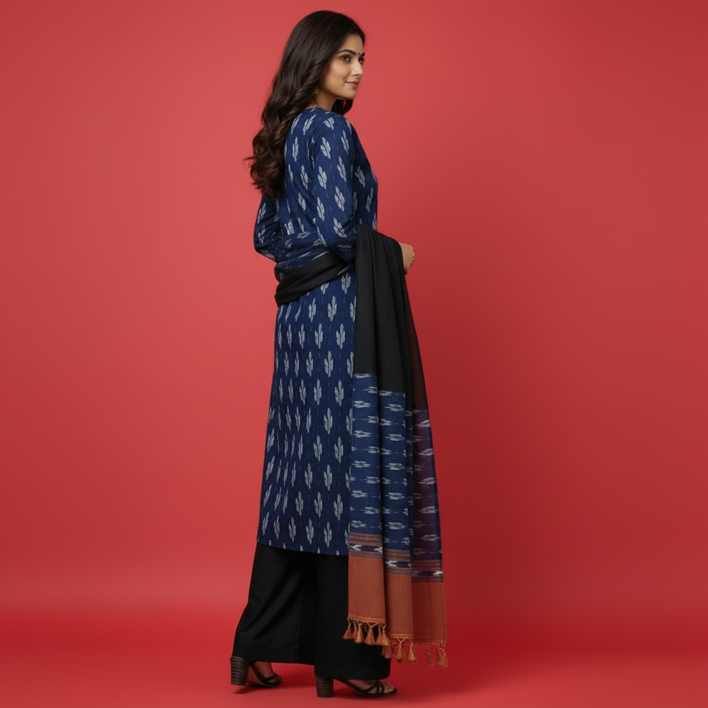 Woman wearing a blue and black traditional outfit with a red background